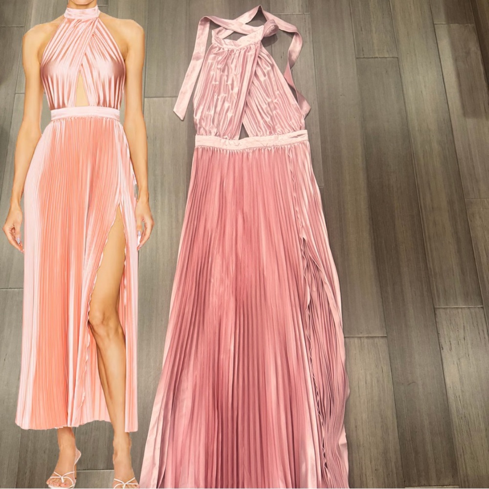L’IDEE Renaissance Pleated Halter Split Gown | Light Pink Size Small NWT